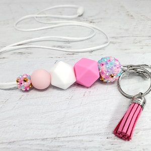 Pink and White Cotton Candy Sparkle Lanyard, Silicone Beaded Lanyard, Teacher Gift, Badge Holder, Breakaway Lanyard