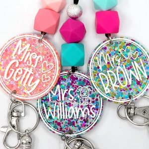 Custom Confetti Glitter Personalized Teacher Lanyards, Engraved Teacher Lanyard, Badge Holder, Breakaway Lanyard