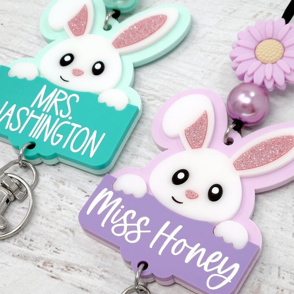Personalized Bunny Teacher Lanyard, Easter Bunny Lanyard, Badge Holder, Breakaway Lanyard, Bunny Lanyard
