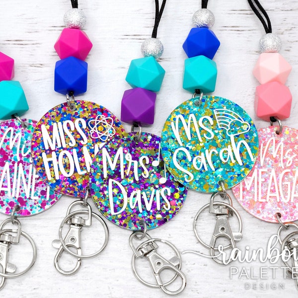 Cordón personalizado para profesor con purpurina y confeti, cordón grabado para profesor, portatarjetas, cordón desmontable, regalo para profesor