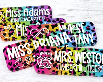 Personalized Engraved Rainbow Leopard Acrylic Name Tag, Magnetic Name Badge, Teacher Name, Nurse Name Tag, School Name Tag, Leopard Badge