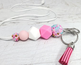 Pink and White Cotton Candy Sparkle Lanyard, Silicone Beaded Lanyard, Teacher Gift, Badge Holder, Breakaway Lanyard