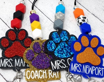 Custom Glitter Paw Print Personalized Teacher Lanyards, Engraved Teacher Lanyard, Badge Holder, Breakaway Lanyard