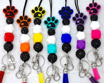 Colorful Paw Print Lanyard, Silicone Beaded Lanyard, Teacher Gift, Badge Holder, Breakaway Lanyard, Dog Lanyard