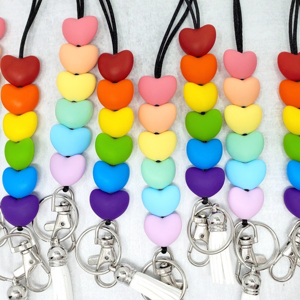 Pastel and Bright Rainbow Heart Lanyard, Silicone Beaded Lanyard, Teacher Gift, Badge Holder, Breakaway Lanyard