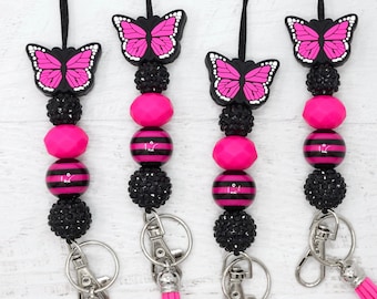 Hot Pink Butterfly Lanyard, Silicone Beaded Lanyard, Teacher Gift, Badge Holder, Breakaway Lanyard