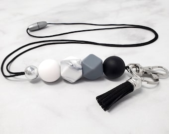 Neutral Grays Round and Hexagonal Teacher Lanyard, Silicone Beaded Lanyard, Teacher Gift, Badge Holder, Breakaway Lanyard