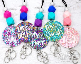 Confetti Glitter Personalized Teacher Lanyard, Engraved Teacher Lanyard, Badge Holder, Breakaway Lanyard, Teacher Gift