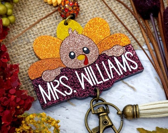 Personalized Thanksgiving Lanyard, Turkey Engraved Teacher Lanyard, Badge Holder, Breakaway Lanyard