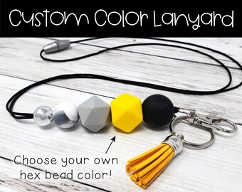 Custom Color, Marbled, Icosahedron, and Black Round Teacher Lanyard, Silicone Beaded Lanyard, Teacher Gift, Badge Holder, Breakaway Lanyard