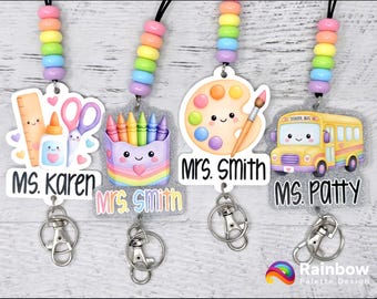 Personalized Pastel School Supply Lanyard, UV Printed Acrylic Teacher Lanyard, Badge Holder, Breakaway Lanyard, Teacher Gift