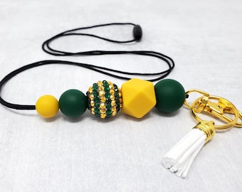 Yellow and Green Lanyard, Team Colors, School Colors, Silicone Beaded Lanyard, Spiritwear, Badge Holder, Breakaway Lanyard