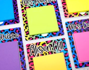 Bold Rainbow Leopard Print Sticky Note Holder, Teacher Appreciation Gift, Personalized Teacher Gift, Office Gift, Secretary Gift