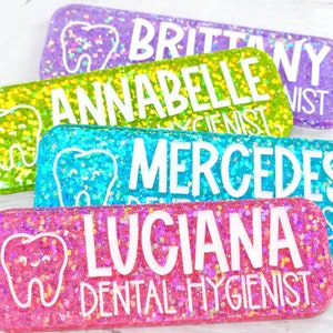 Dental Hygienist Name Tag, Personalized Engraved Acrylic Name Tag, Magnetic Name Badge, Dentist Name Tag, Glitter Badge