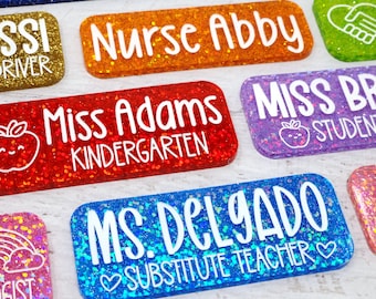 Personalized Engraved Acrylic Name Tag, Magnetic Name Badge, Teacher Name, Nurse Name Tag, School Name Tag, Glitter Badge