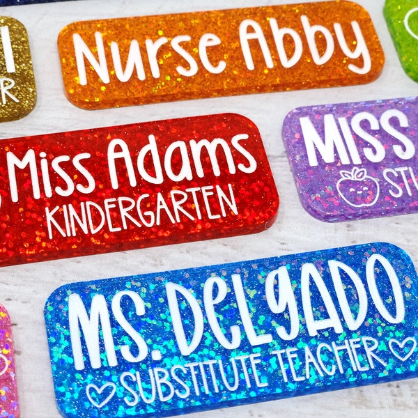 Personalized Engraved Acrylic Name Tag, Magnetic Name Badge, Teacher Name, Nurse Name Tag, School Name Tag, Glitter Badge