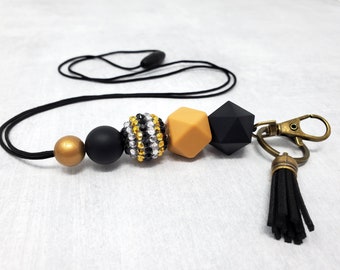 Black and Gold Lanyard, Team Colors, School Colors, Silicone Beaded Lanyard, Spiritwear, Badge Holder, Breakaway Lanyard