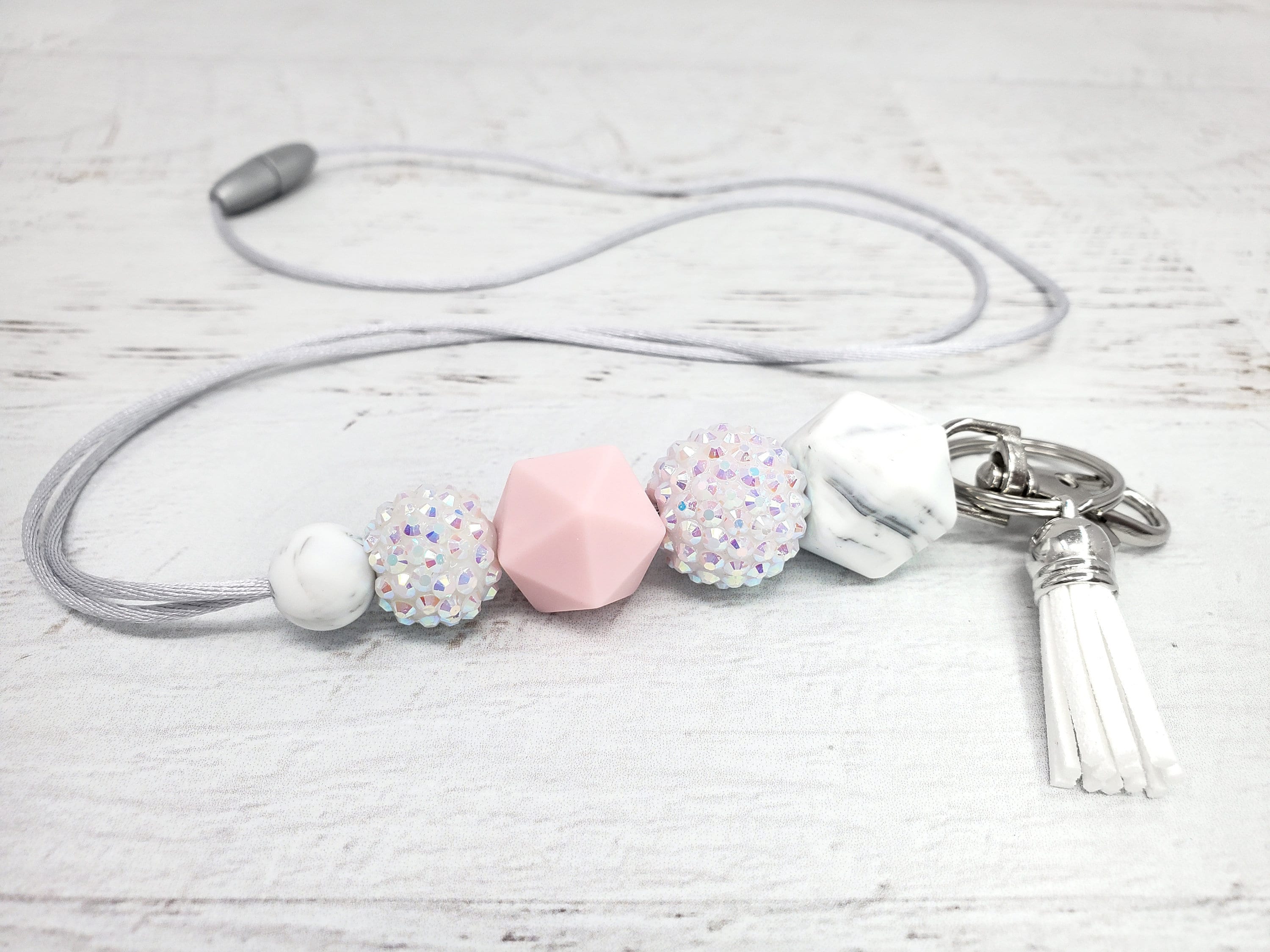 Pink and White Sparkle Lanyard Silicone Beaded Lanyard Etsy España