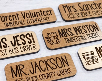 Personalized Engraved Wood Name Tag, Magnetic Name Badge, Teacher Name, Nurse Name Tag, School Name Tag, Work Tag