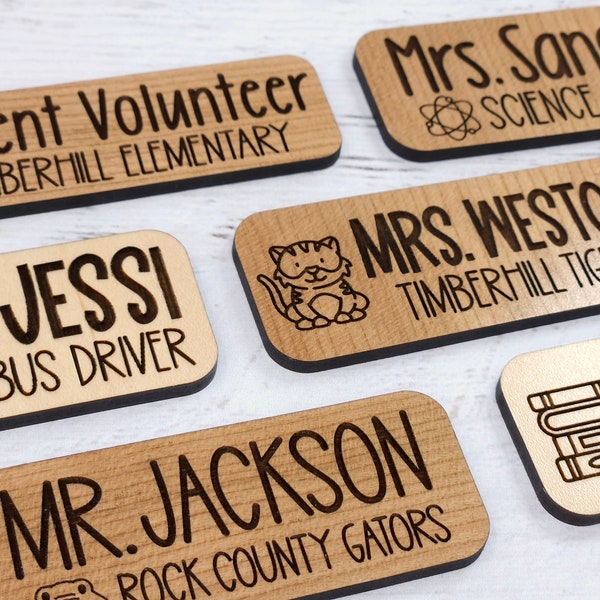 Personalized Engraved Wood Name Tag, Magnetic Name Badge, Teacher Name, Nurse Name Tag, School Name Tag, Work Tag