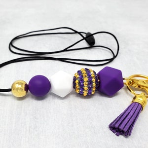 Purple, Gold, and White Lanyard, Team Colors, School Colors, Silicone Beaded Lanyard, Spiritwear, Badge Holder, Breakaway Lanyard