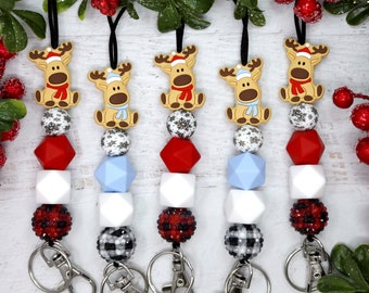 Christmas Lanyard, Red or Blue Reindeer Lanyard, Winter Lanyard, Silicone Beaded Lanyard, Teacher Gift