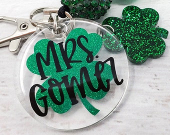 Personalized Glitter 4-Leaf Clover Lanyard Charm Add-On, St. Patrick's Day Lanyard Charm, Bag Tag