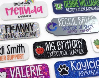 Personalized UV Printed Acrylic Name Tag, Magnetic Name Badge, Teacher Name, Nurse Name Tag, School Name Tag, Glitter Badge