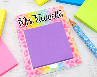 Rainbow Leopard Print Sticky Note Holder, Teacher Appreciation Gift, Personalized Teacher Gift, Office Gift, Secretary Gift