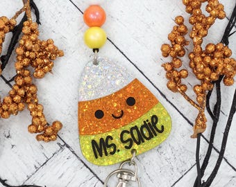Personalized Halloween Lanyard, Candy Corn Engraved Teacher Lanyard, Badge Holder, Breakaway Lanyard