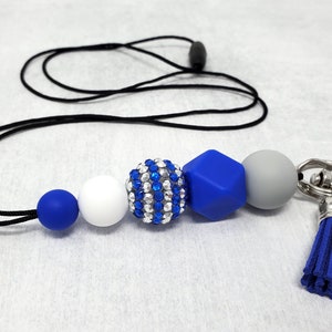 Blue, White, and Gray Lanyard, Team Colors, School Colors, Silicone Beaded Lanyard, Spiritwear, Badge Holder, Breakaway Lanyard