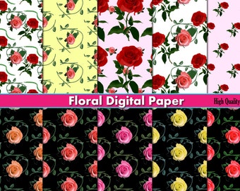 Rose digital paper floral fabric prints Flower digital paper roses flower decal Flower decor Rose scrapbook paper flowers clipart Floral diy