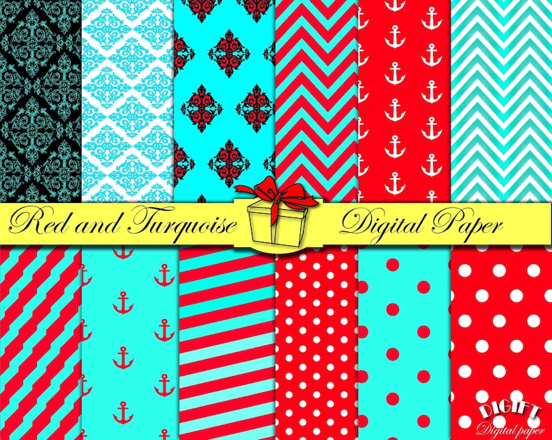 Red and Turquoise digital paper Red and Teal decor Red and white stripe fabric Red and turquoise wedding invitation paper party decorations image 1