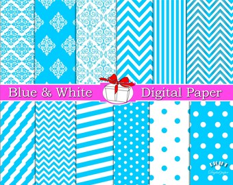 Light Blue Digital Paper: Chevron, Polka Dot, Damask (12" x 12") (Digital Download)
