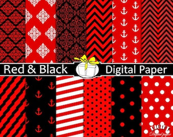 Red and Black digital paper Red decor Red and black wedding invitation Red and black minnie mouse party red and white stripe fabric print