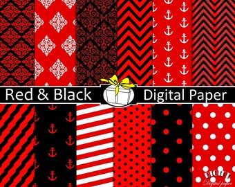 Red and Black Digital Paper: Damask, Polka Dot, Chevron (Digital Download)