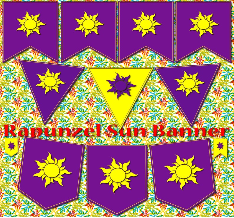 Rapunzel banner Rapunzel flags Rapunzel party printable Rapunzel birthday invitation Tangled flag Rapunzel clipart sun Rapunzel print decor image 3