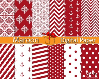 Papier numérique marron Dark red décor Maroon chevron fabric prints Red damask Red and white stripe Red polka dot invitation paper Maroon party