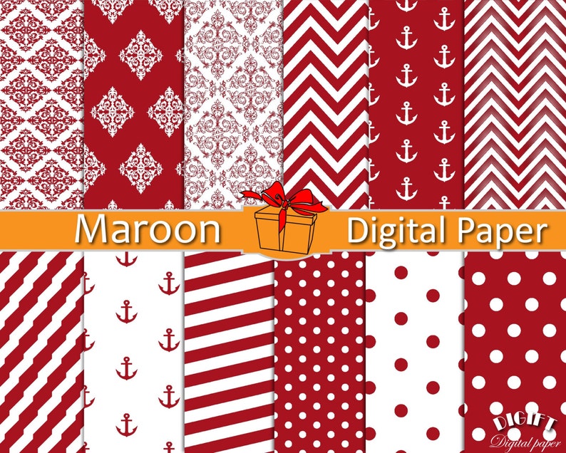 Maroon digital paper Dark red decor Maroon chevron fabric prints Red damask Red and white stripe Red polka dot invitation paper Maroon party image 1