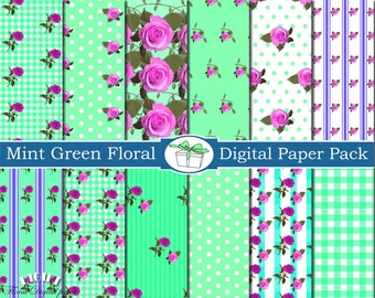 Mint Green Flower Scrapbook paper Decoupage Shabby Chic digital paper Mint green and Pink Rose flower images Floral background Floral decor