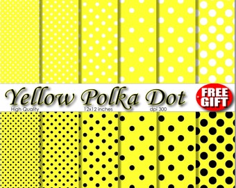 Yellow Polka Dot Digital Paper Pack, Scrapbook Kit (Digital Download)