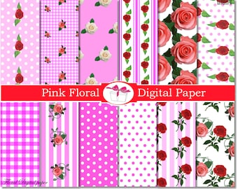 Pink Floral digital paper Shabby chic scrapbook Flower digital paper Roses flower decal Flower decor Rose scrapbooking paper flowers clipart