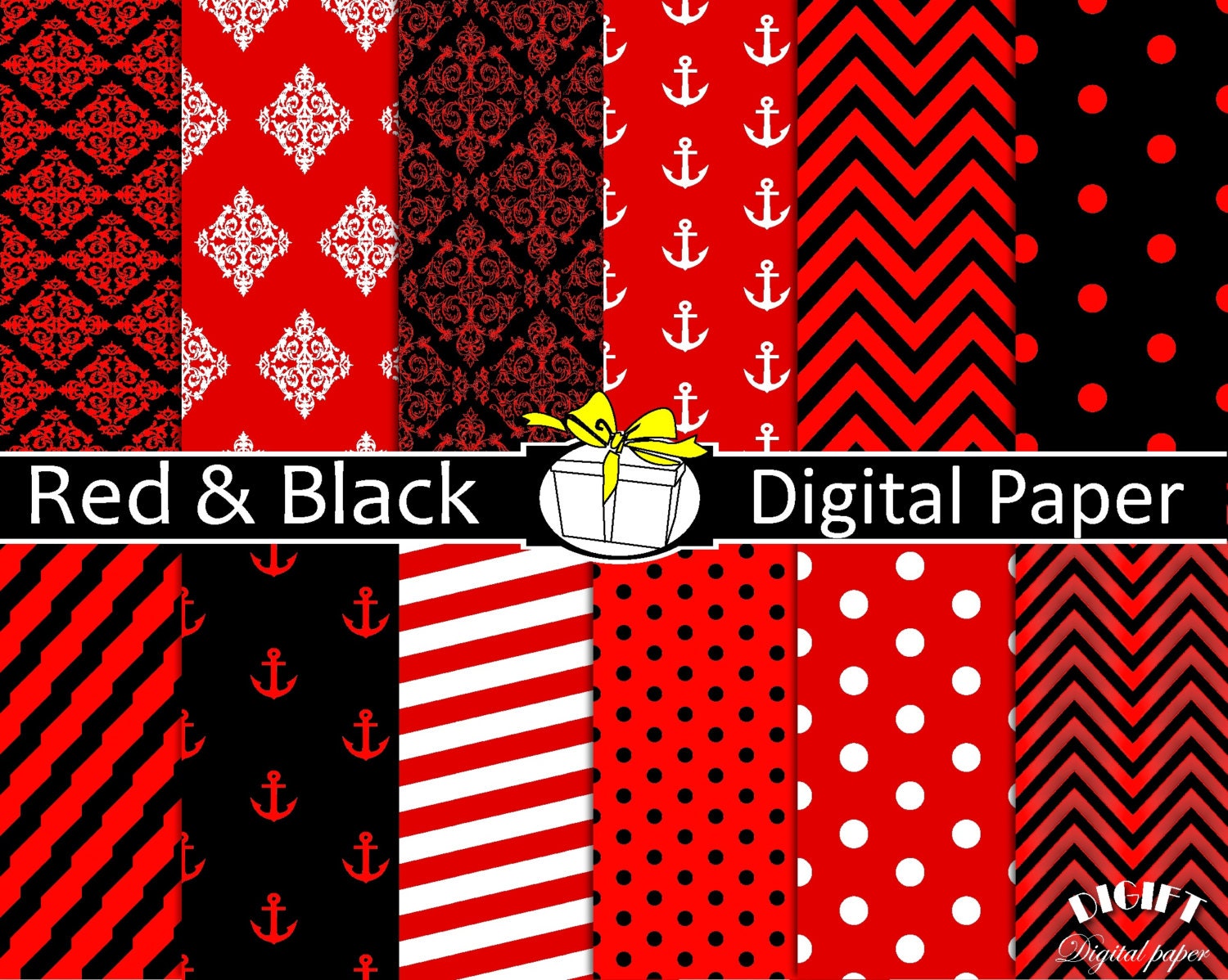 Papel digital rojo y negro: Damasco, lunares, chevrón (Descarga digital), image size:1500x1198