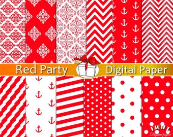 Red digital paper Red decor red damask Red and white stripe Red and white polka dot Red chevron for Red invitations Red party paper straws