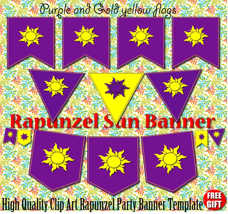 Rapunzel banner Rapunzel flags Rapunzel party printable Rapunzel birthday invitation Tangled flag Rapunzel clipart sun Rapunzel print decor image 2