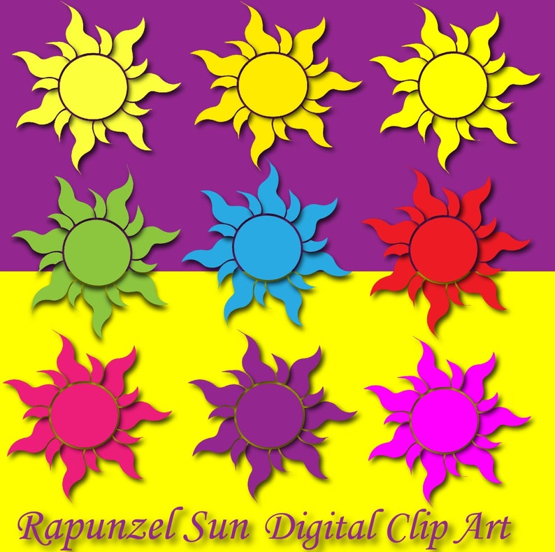 Rapunzel SUN Clipart enchevêtré décor de soleil Rapunzel anniversaire Rapunzel partie dété soleil décalque Rapunzel clipart jaune soleil rapunzel invitation diy image 1