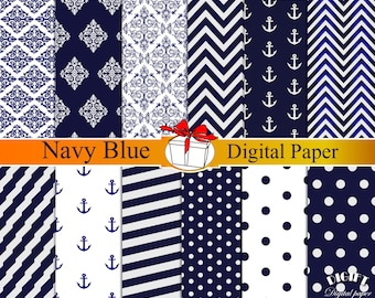 Navy Blue digital paper dark Blue damask Navy blue chevron Blue polka dot Anchor decor Navy blue wedding invitation print blue decorations
