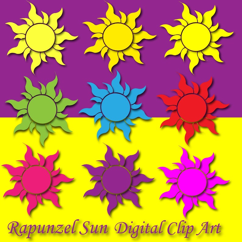 Rapunzel SUN Clipart enchevêtré décor de soleil Rapunzel anniversaire Rapunzel partie dété soleil décalque Rapunzel clipart jaune soleil rapunzel invitation diy image 3