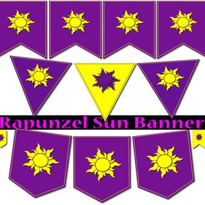Banner de Rapunzel Banderas de Rapunzel Fiesta de Rapunzel imprimible Invitación de cumpleaños de Rapunzel Bandera enredada Clipart de Rapunzel Sol Decoración con estampado de Rapunzel