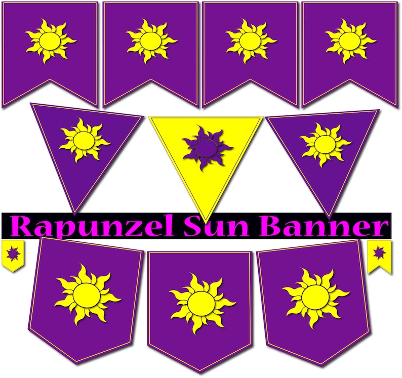 Rapunzel banner Rapunzel banderas Rapunzel fiesta imprimible Rapunzel invitación de cumpleaños Rapunzel Enredado bandera Rapunzel clipart sol Rapunzel impresión decoración imagen 1